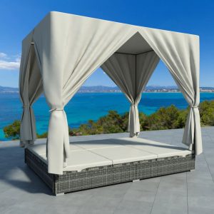 Loungeseng med gardiner polyrattan grå