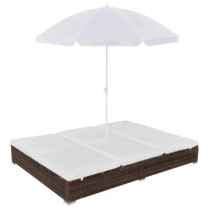 Loungeseng med parasol polyrattan brun