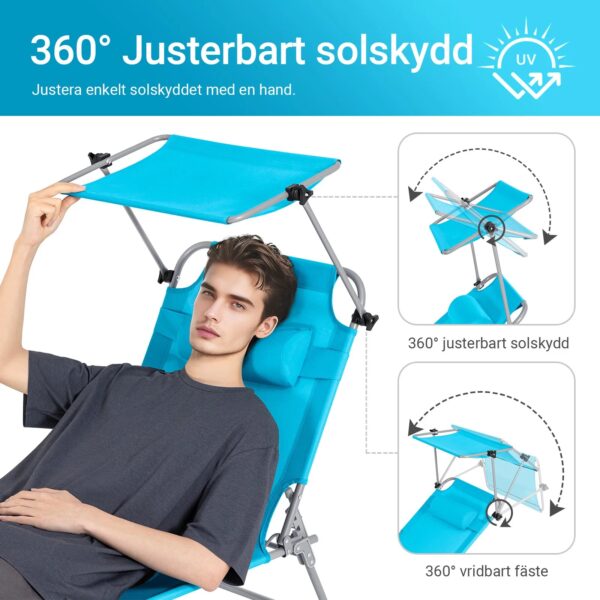 Foldbar solstol med nakkepude og justerbar solskærm - til have og altan, turkis