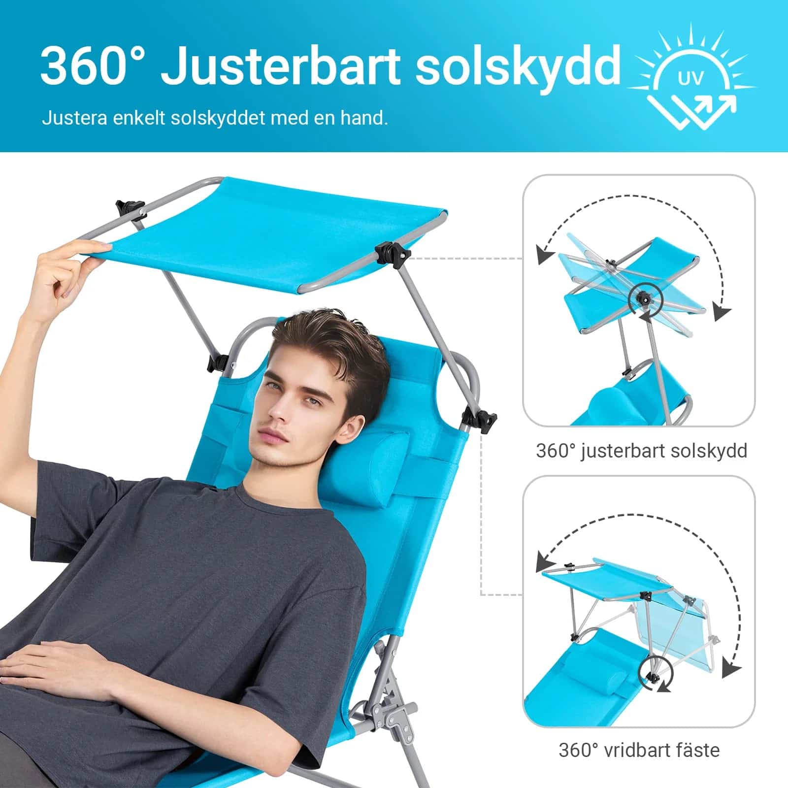 Foldbar solstol med nakkepude og justerbar solskærm - til have og altan, turkis