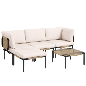 Polyrattan havemøbelsæt, 5 dele, med 2 hjørnestole, 2 skamler og bord. Bredt og dybt sæde, aftagelige hynder, khaki.