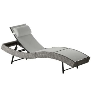 Polyrattan liggestol, S-formet havestol med justerbar ryglæn og nakkestøtte i 5 positioner, åndbar og UV-bestandig