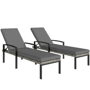 Sæt med 2 liggestole, polyrattan havestole med 5-positions justerbar ryglæn og hynde, op til 120 kg, lysegrå
