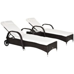 Sæt med 3 liggestole, 2 havestole med sidebord, inklusive hynder, polyrattan, brun og cremehvid