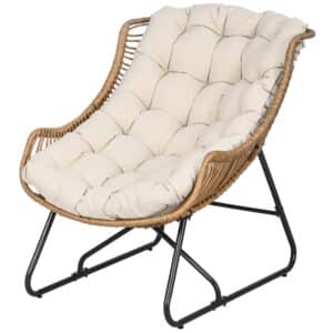 Havestue, rattan-look, udendørs lænestol, med hynde, metalstel, 75x101x90 cm, natur/khaki/sort