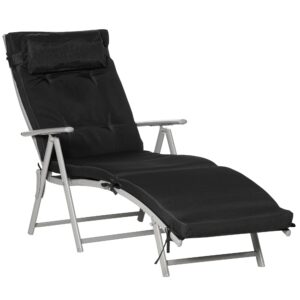 Foldbar solseng med nakkestøtte og sædehynde, liggestol med 7-vejs justerbar ryglæn, haveliggestol, afslapningsliggestol, lasteevne op til 165 kg, til haveferie, udendørs, sort
