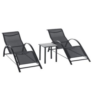 Havesæt, 2 liggestole med sidebord, åndbart stof, robust metalramme, sort