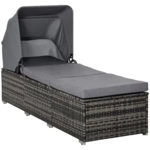 Polyrattan liggestol med solskærm, justerbar haveliggestol, rattan liggestol, havemøbler, liggestol med hynde, grå, 195 x 65 x 40 cm