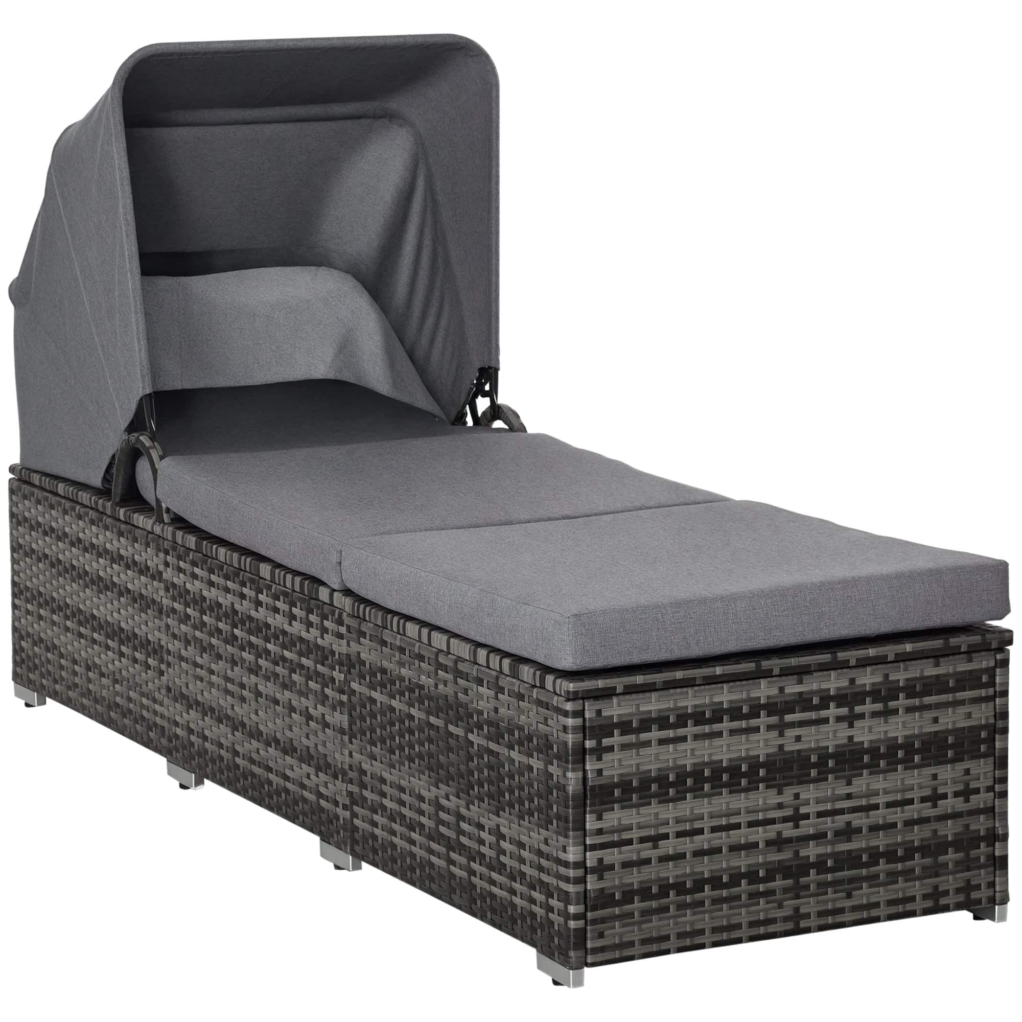 Polyrattan liggestol med solskærm, justerbar haveliggestol, rattan liggestol, havemøbler, liggestol med hynde, grå, 195 x 65 x 40 cm