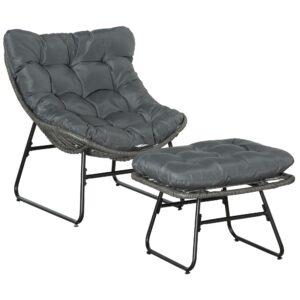 Rattan afslapningsstol med fodskammel, havestol med tykke hynder, udendørs rattanstol, havestol til have, balkon, terrasse, grå