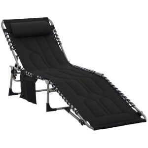 Solseng, foldbar haveligstol med nakkestøtte, sidelomme, liggestol med 5-positions justerbar ryglæn, vejrbestandig campingligstol, lasteevne op til 130 kg, til have, strand, pool, sort